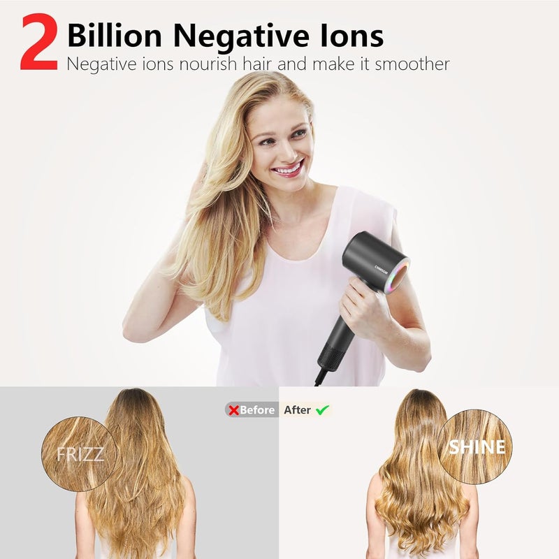 CNMSGM Hair Dryer, High Speed Ionic Blow Dryer, 5X-Fast Drying, 2 Billion Negative Ions, Low Noise,160000 RPM, Compact Blow Dryer with Magnetic Diffuser for Faster Drying All Hair Types(Black Gray) - Image 4